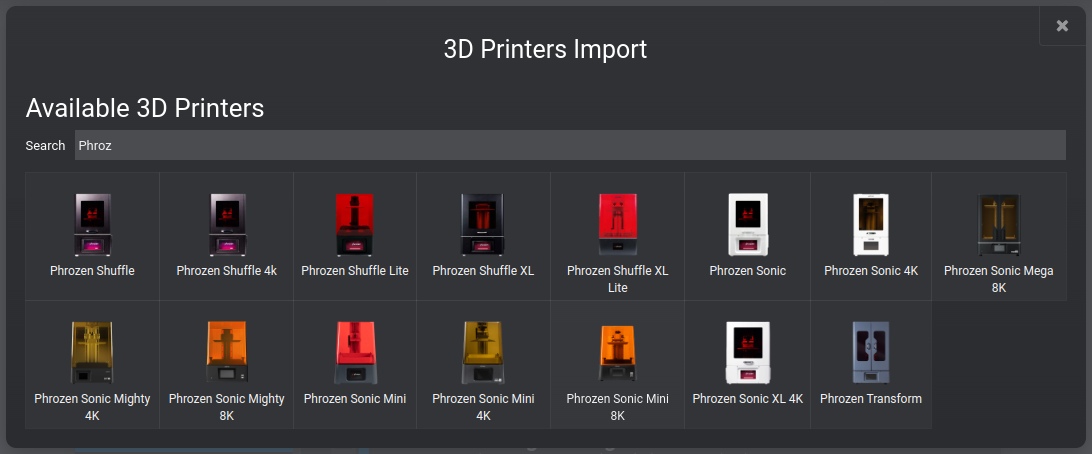 Printer selection dialog in Lychee: with a search phrase 'Phroz' the 'Phrozen Sonic Mini 8K' is one of the options.