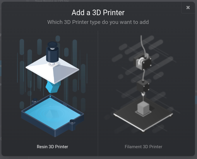 Screenshot of the Lychee GUI to choose between adding a Resin 3D printer and a Filament 3D printer, with the Resin 3D printer selected