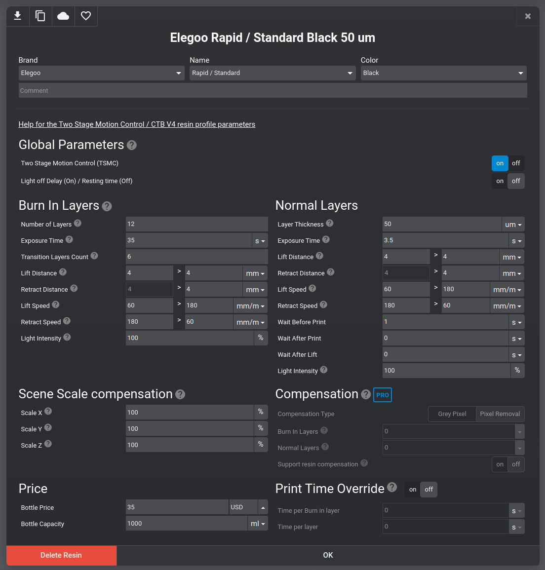 Parameters of the profile. Importantly there are 12 Burn in Layers with 35s exposure and 3.5s with a 4mm lift at 60 / 180 mm/s selected.