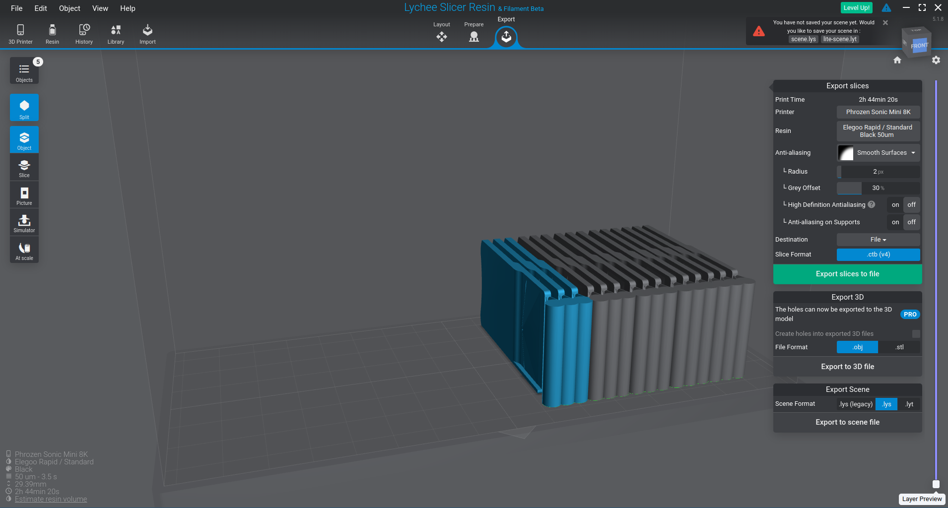 With 'ctb (v4)' as the 'Slice Format', the 'Export slices to file' button is highlighted in green.