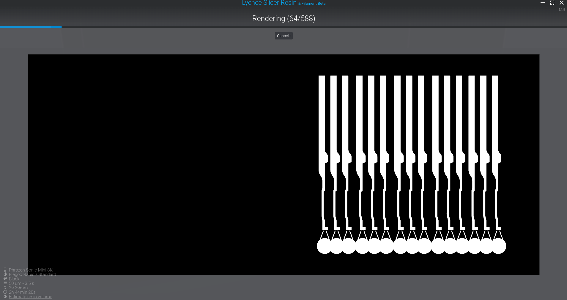 A progress bar with 64/588 shows the progress of the slicing process and a white on black background image displays the current slice.