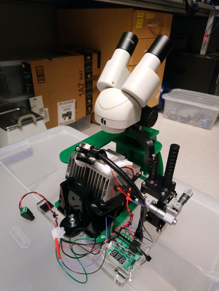 Tethering Station version 2 with AmScope SE120, thermoelectric cooler, and 3-axis stage (Image by Huai-Ti Lin)