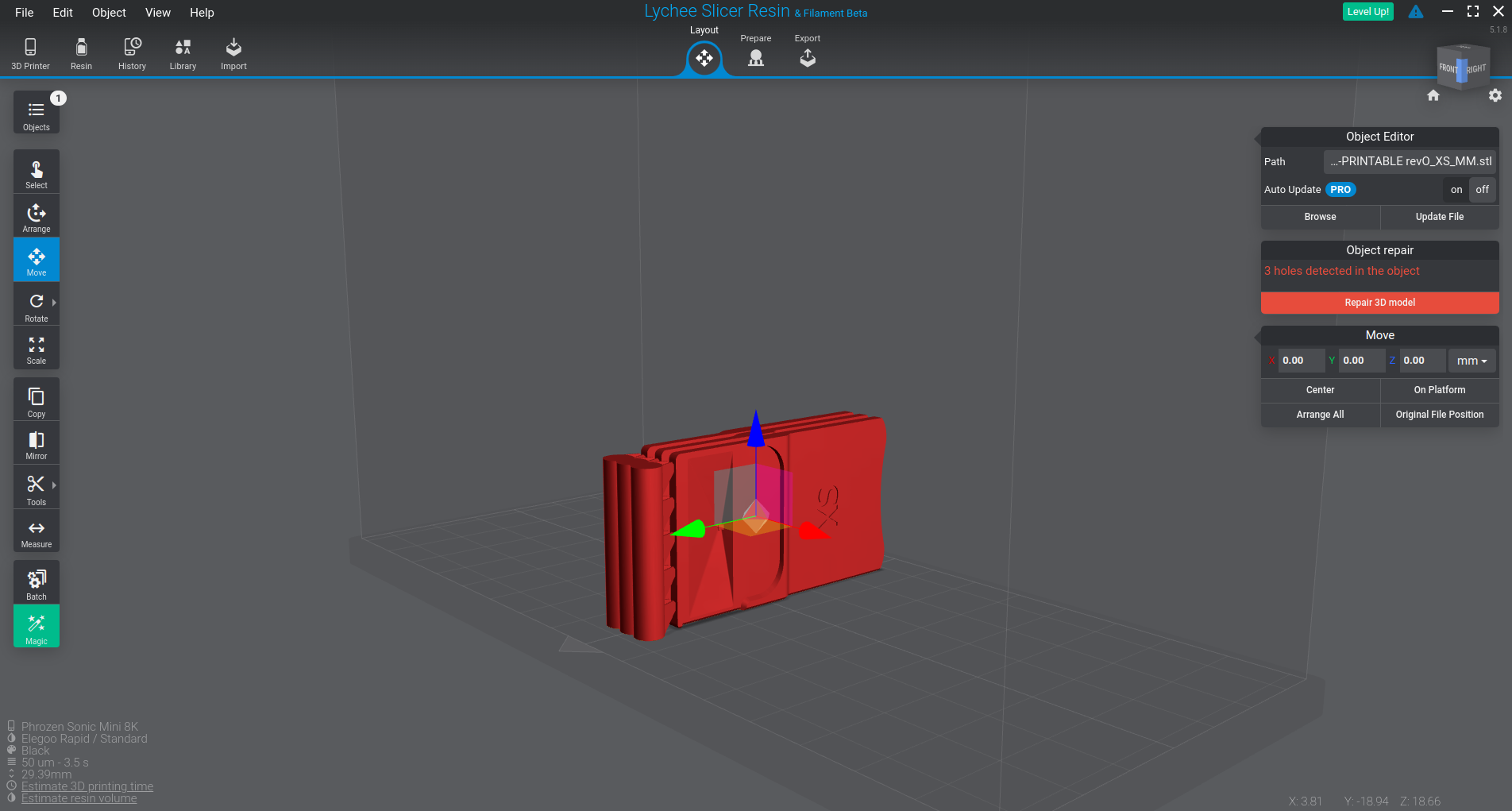 A single model with three Fly Pyramids on the virtual build plate inside the Lychee slicer software. The model is in red and the 'Repair 3D model' button is highlighted.