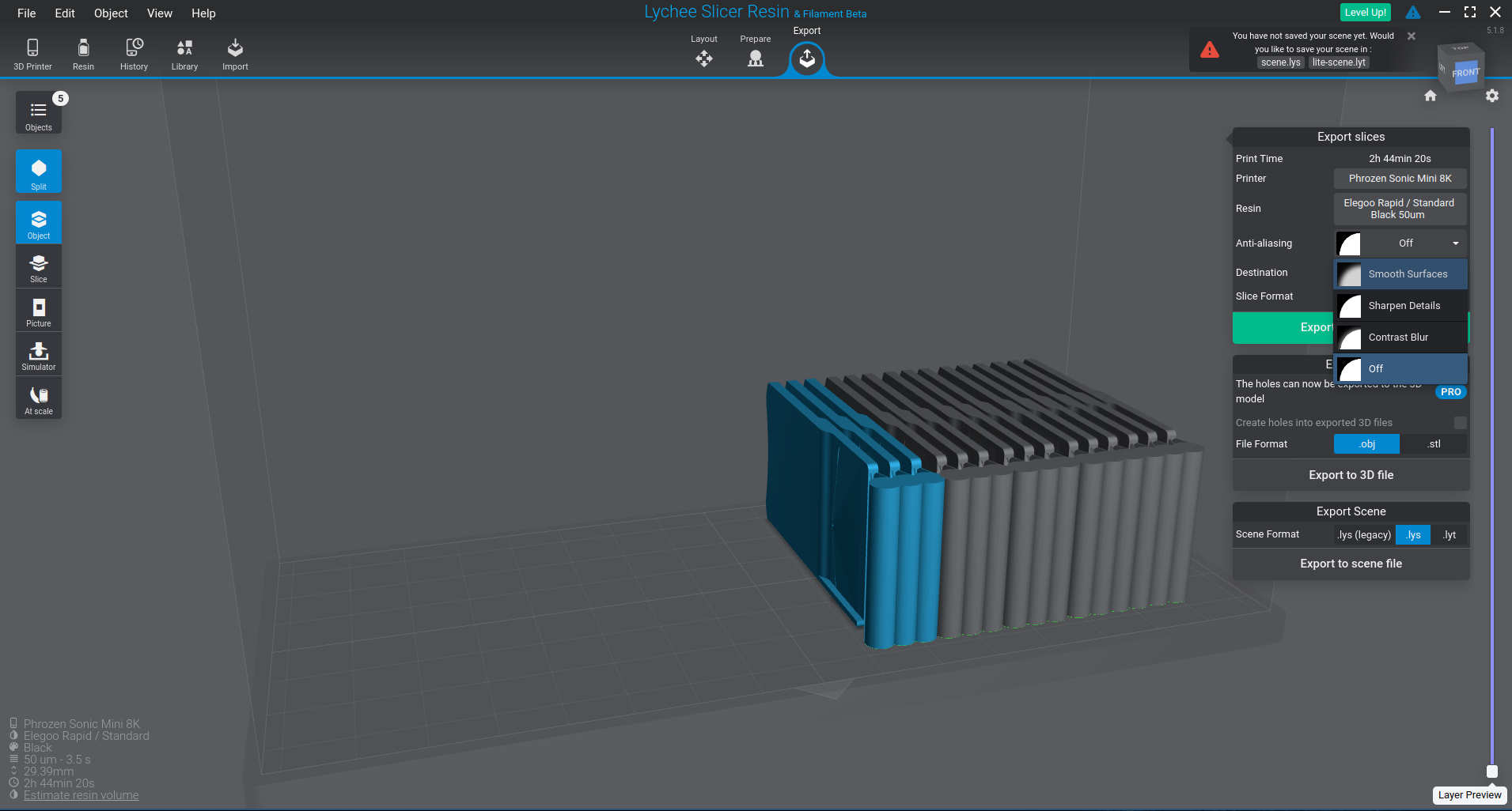 The 'Anti-Aliasing' dropdown menu in the 'Export' tab is open and 'Smooth Surfaces' is selected. The model from the image before is shown.
