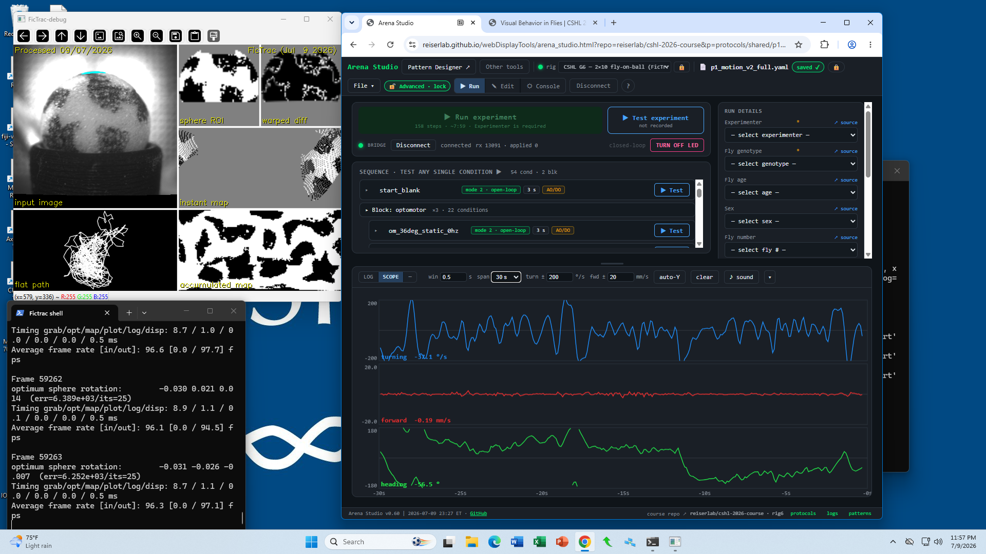 FicTrac and Arena Studio shown side by side, including the Run view, metadata panel, and live oscilloscope