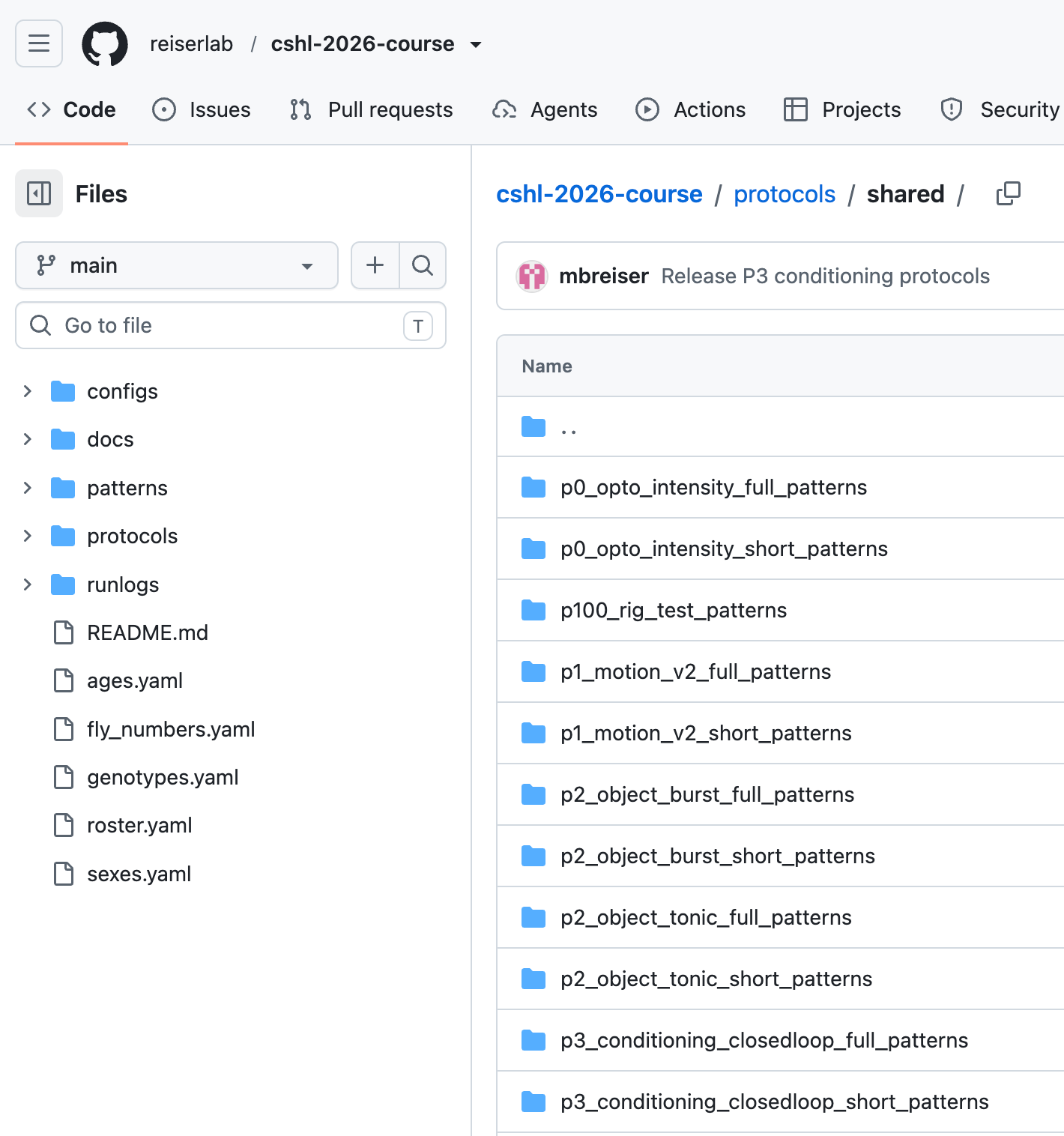 GitHub view of the cshl-2026-course repository showing its top-level folders and shared protocol-pattern folders