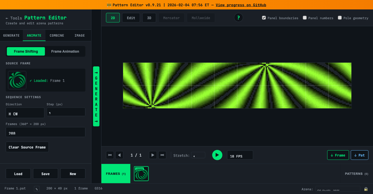 Pattern Editor Animate tab showing a frame-shifting animation and the 2D arena preview