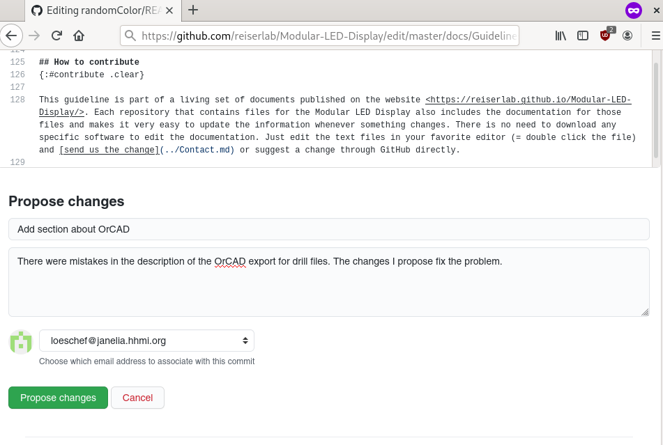 Screenshot of the online editor at GitHub with "propose change" button